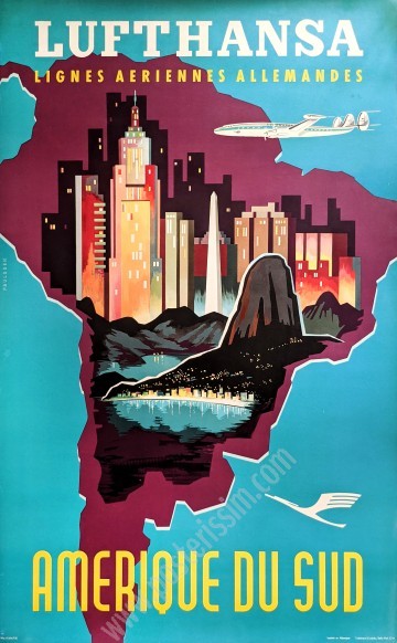 Affiche ancienne originale Lufthansa : Amérique du Sud-posterissim