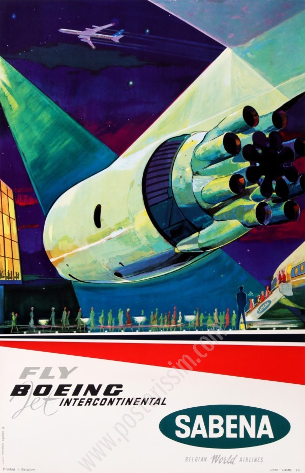 Affiche ancienne originale Sabena : Fly Jet Boeing Intercontinental-posterissim