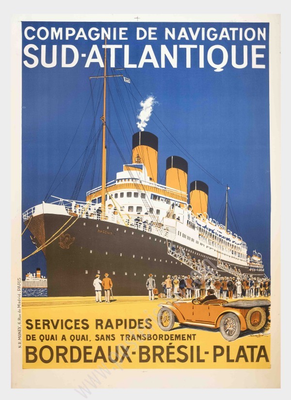 Affiche originale Bordeaux Brésil Plata de quai à quai, Compagnie de Navigation Sud Atlantique-posterissim