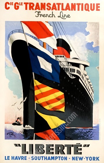 Affiche ancienne originale CGT French Line: "Liberté", Le Havre, Southampton, New York-posterissim