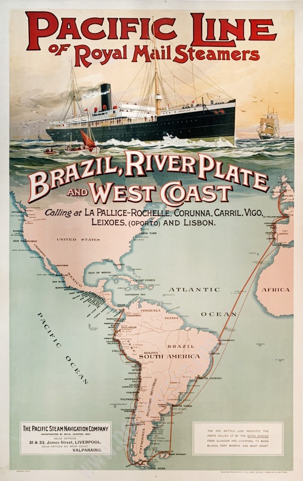 Affiche ancienne originale britannique : Pacific Line of Royal Mail Steamers : Brazil, River Plate and West Coast.-posterissim