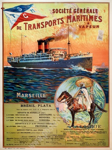 Affiche ancienne Société Générale de Transports Maritimes à Vapeur : Marseille - Brésil Plata.-posterissim