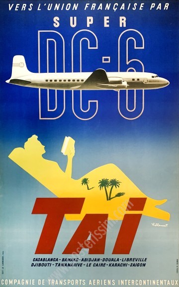 Affiche ancienne TAI : Vers l'Union française par Super DC-6, Bernard Villemot-posterissim