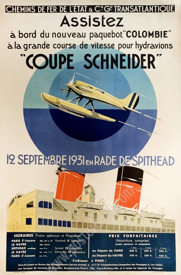 Affiche ancienne originale des Chemins de Fer de l'Etat & la CGT : Coupe Schneider 1931-posterissim