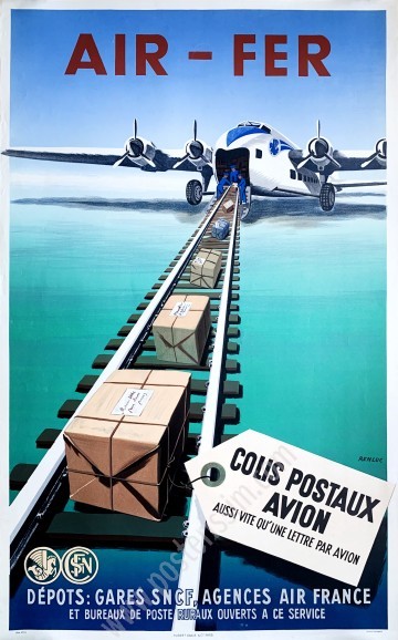 Affiche ancienne originale Air France & SNCF : AIR-FER, Colis postaux par avion-posterissim