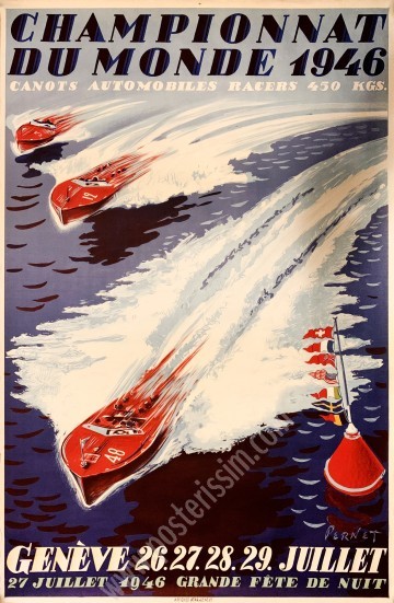 Affiche ancienne Genève, championnat du monde 1946, canots automobiles racers-posterissim