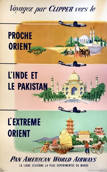 Affiche ancienne Pan Am : Voyagez par Clipper vers le Proche Orient, l'Inde et le Pakistan, l'Extrême Orient.-posterissim