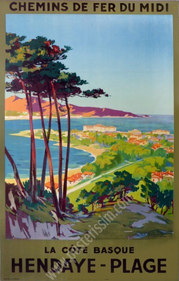 Affiche ancienne originale de la Côte Basque: Hendaye plage