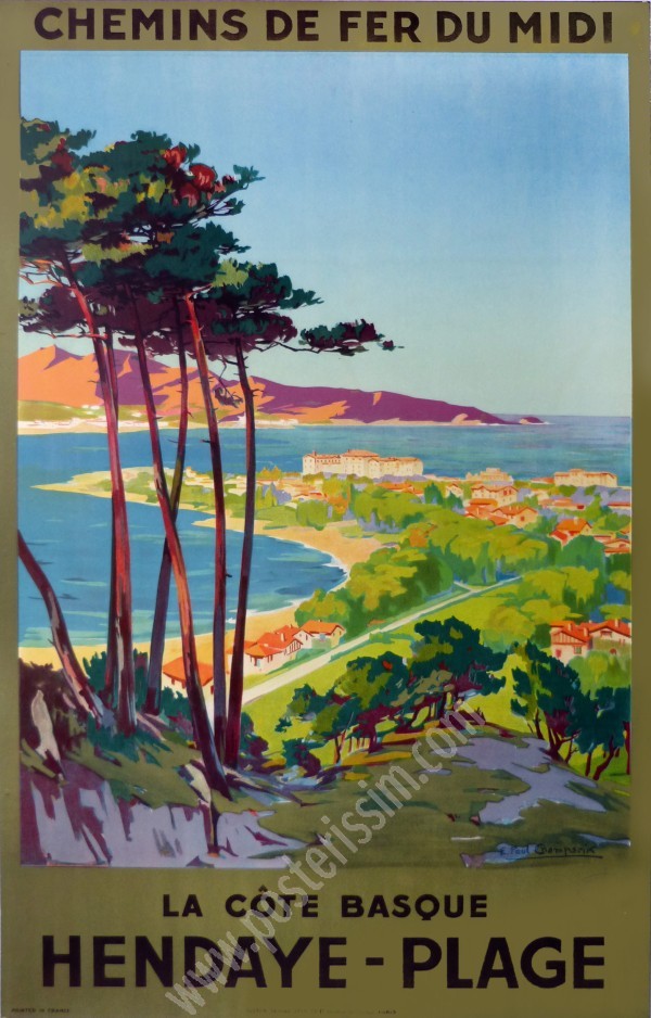 Affiche ancienne originale de la Côte Basque: Hendaye plage