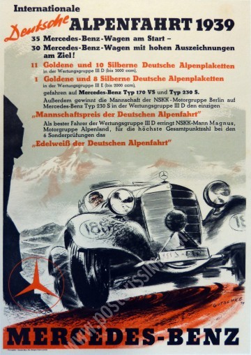 Affiche ancienne originale allemande du Grand Prix Mercedes-Benz de 1939 : Internationale Deutsche Alpenfahrt-posterissim