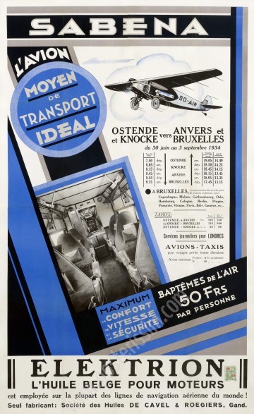 Affiche ancienne Sabena 1934 – Aviation & huile belge ELEKTRION