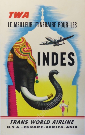 Affiche ancienne originale de la TWA à destination des indes