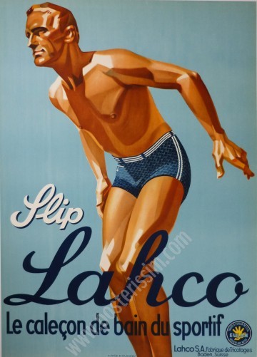 Original Vintage Lahco Poster 1938 – Rare Swiss Art Deco Swimwear Ad