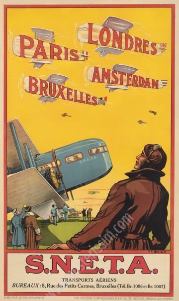 Vintage poster of SNETA: Paris – London – Amsterdam – Brussels by S.C. Bailie, circa 1920.