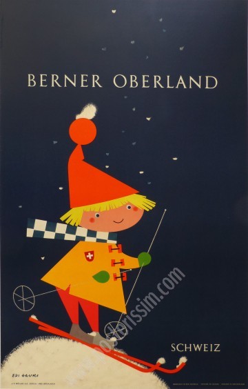 Affiche vintage ski Suisse – Edi Hauri – Berner Oberland 1958