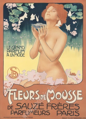Affiche ancienne Fleurs de mousse par Metlicovitz pour les parfums Sauzé Frères en 1898.