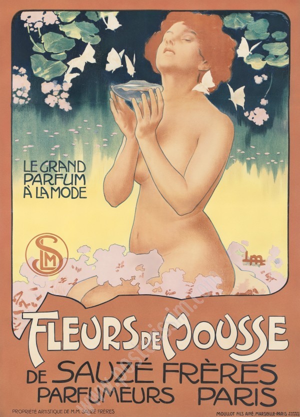 Affiche ancienne Fleurs de mousse par Metlicovitz pour les parfums Sauzé Frères en 1898.