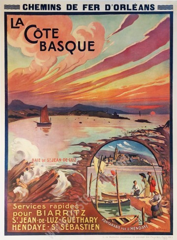 Affiche ancienne originale de la Côte Basque par Naurac de 1910