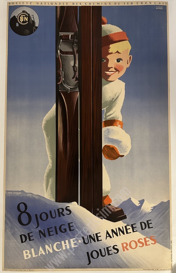 Affiche ancienne de la SNCF de 1938 par Roland Hugon: "8 jours de neige blanche, une année de joues roses"