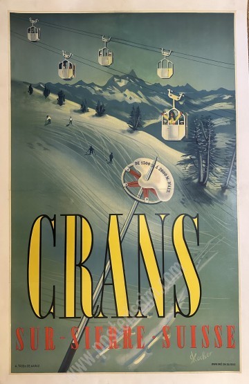 Affiche ancienne de Crans Montana dessinée par Ronald Kocher en 1951-Posterissim