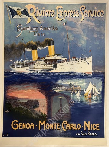 Affiche ancienne originale de la compagnie de navigation Hamburg Amerika Linie pour le Riviera Service Express