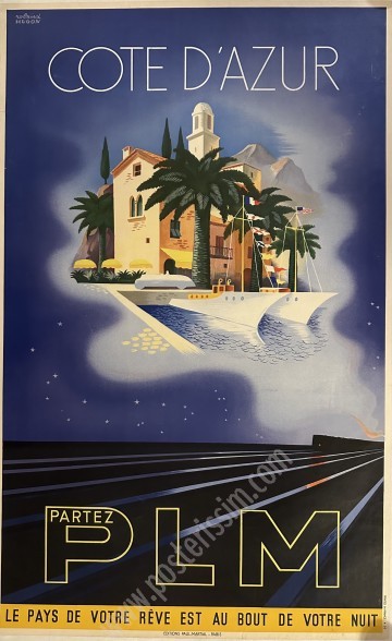 Affiche ancienne originale de la Côte d'azur pour la PLM par Roland Hugon