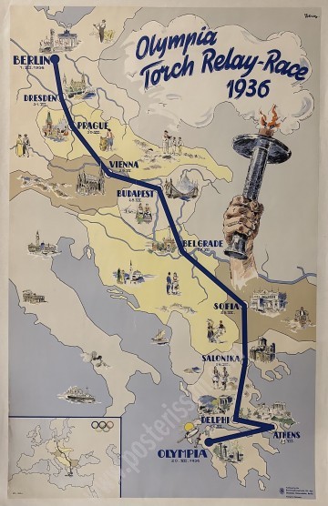 Affiche originale 1936 : premier relais flamme olympique