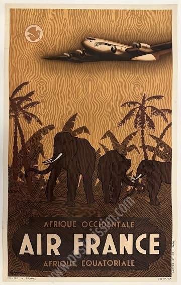 Affiche ancienne Air France pour l'Afrique équatoriale et occidentale dessinée par Vincent Guerra en 1946.