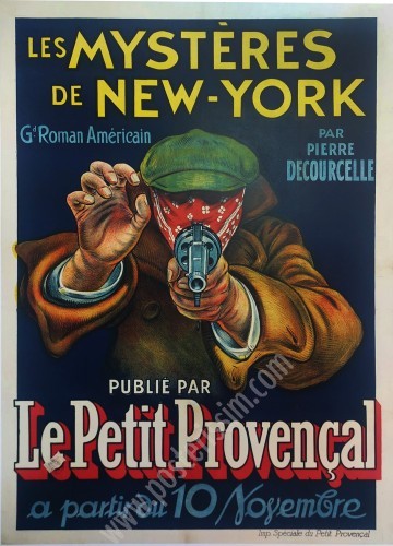 Affiche ancienne "les Mystères de New York" dessinée par Charles Tichon pour le quotidien Le Petit Provençal en 1920.