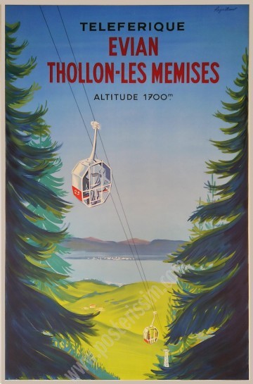 Vintage poster for the Évian–Thollon-les-Mémises cable car by Régis Manset, circa 1950