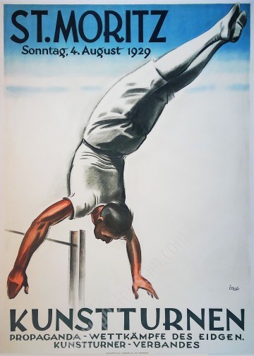 Original 1929 St. Moritz Poster – Rare Swiss Gymnastics Lithograph