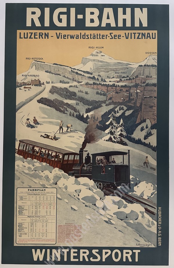 Affiche ancienne originale RIGI-BAHN Wintersport – Anton Reckziegel, vers 1906