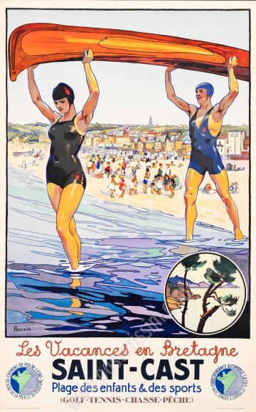 Vintage Travel Poster Les Vacances en Bretagne – Saint-Cast (1936) by Peryber, canoeing, beach