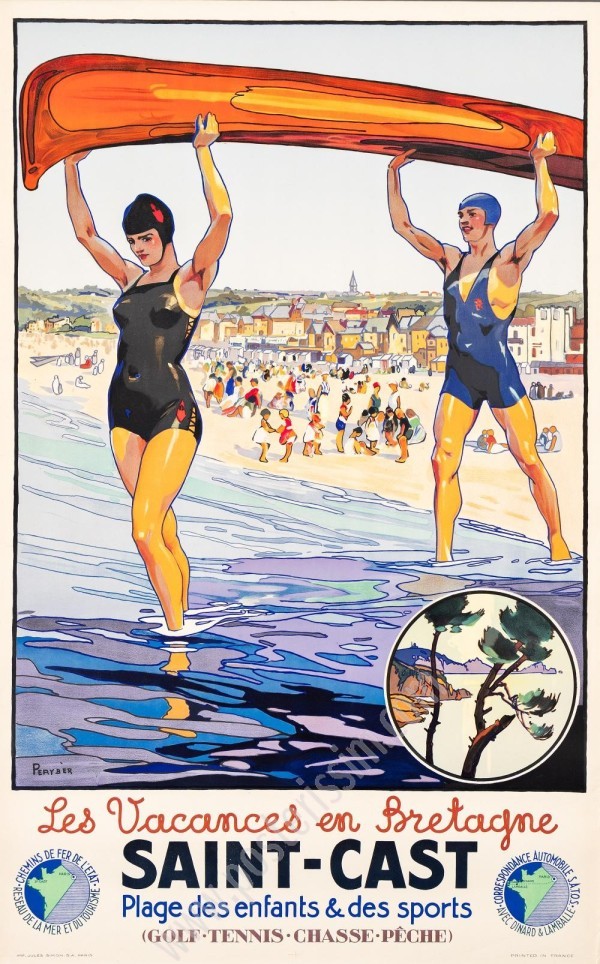 Vintage Travel Poster Les Vacances en Bretagne – Saint-Cast (1936) by Peryber, canoeing, beach
