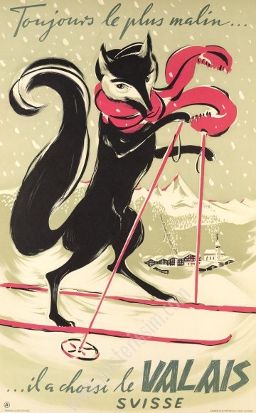 1951 Valais ski poster – Clever fox by Gongoro – Vintage