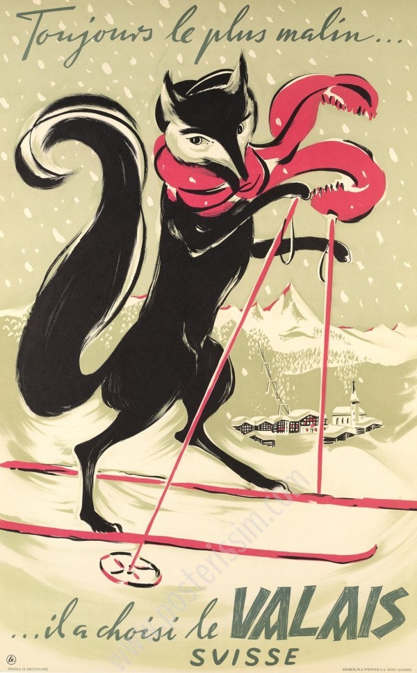 1951 Valais ski poster – Clever fox by Gongoro – Vintage