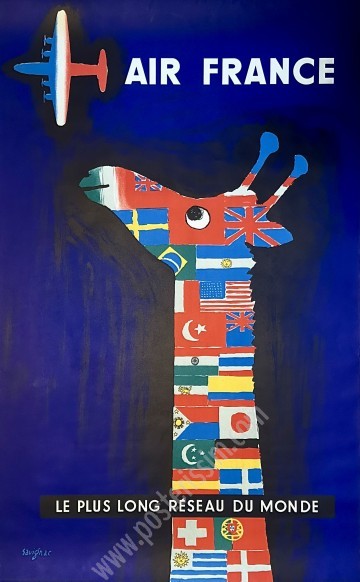 Affiche Air France Savignac 1956 – Girafe aux drapeaux rare