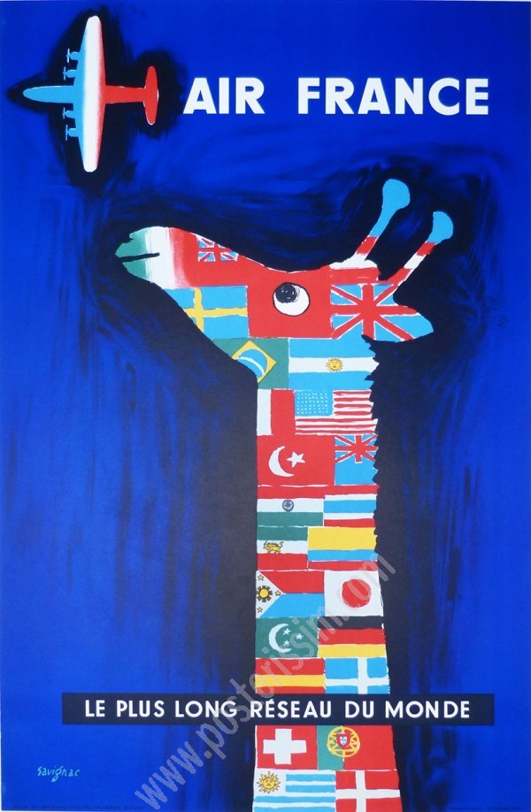 Affiche Air France Savignac 1956 – Girafe aux drapeaux rare