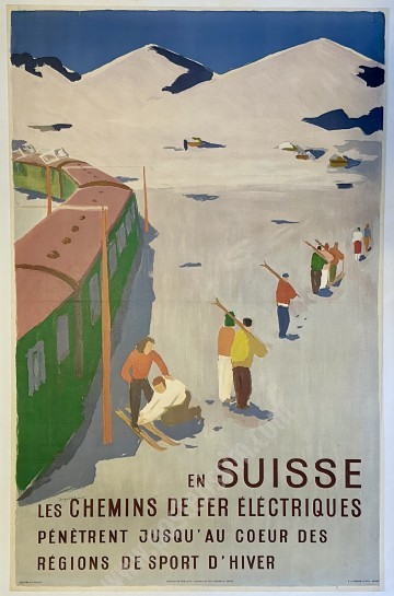 Affiche vintage Suisse 1950 – Train & sports d’hiver, rare