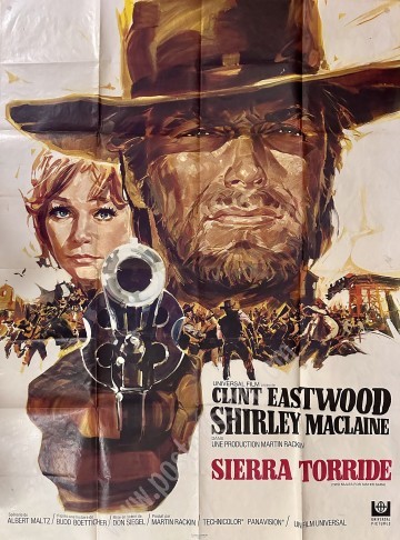 Grande affiche originale de Sierra Torride par Michel Landi, avec Clint Eastwood et Shirley MacLaine. Un spectaculaire western v