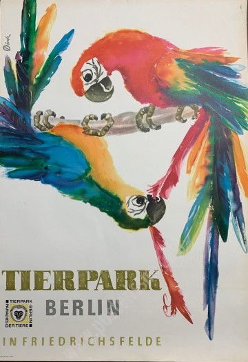 Rare Tierpark Berlin Poster by Dörek – Tropical Macaws, DDR Vintage