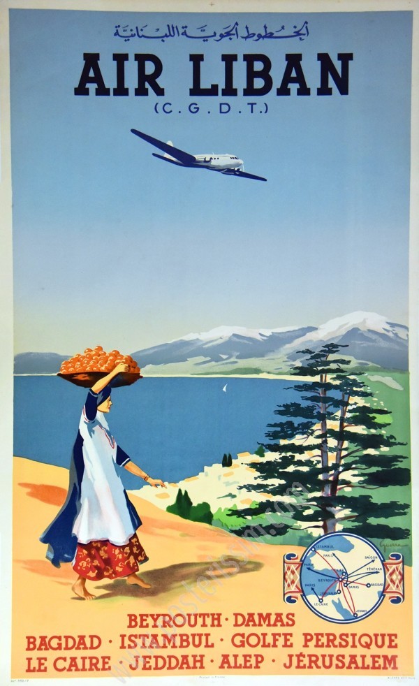 Affiche Air Liban Vintage (1950) – Poster Aviation Original signé Guerra