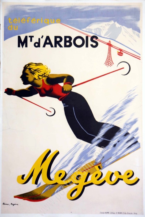 Affiche ancienne Megève – Téléphérique du Mont d’Arbois | Ski vintage Art Déco