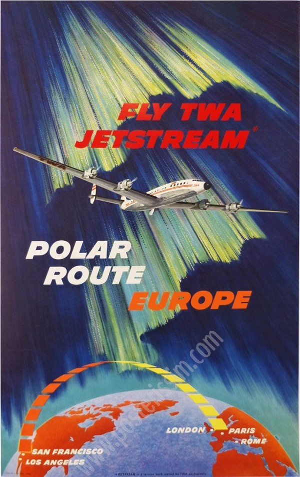 Affiche ancienne TWA Polar route to Europe par David Klein (1957).