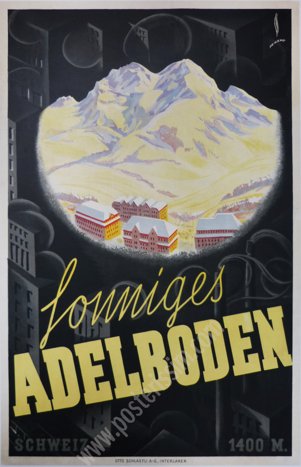 Rare original 1933 Adelboden ski poster by Martin Peikert. A striking Art Deco vision of sunshine, snow and escape to the Swiss