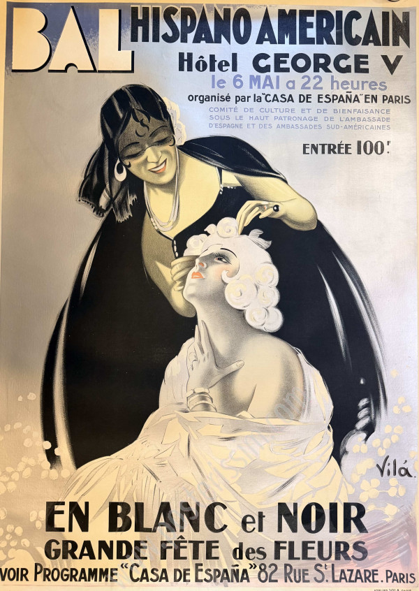 Rare affiche originale Art déco d’Emilio Vilá pour le Bal Hispano-Américain à l’Hôtel George V, Paris, 1928. Grande lithographie