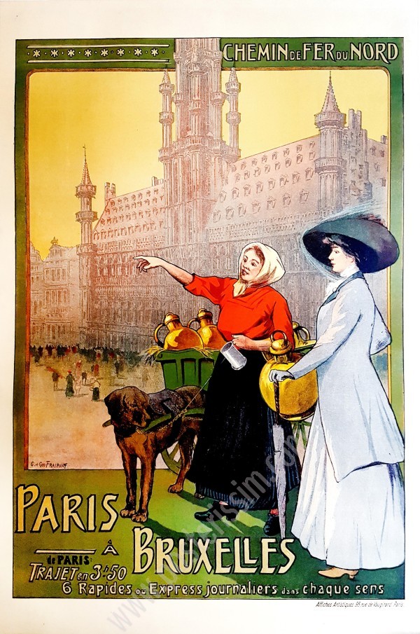 Affiche ancienne originale de tourisme : Chemin de fer du Nord, Paris à Bruxelles-posterissim