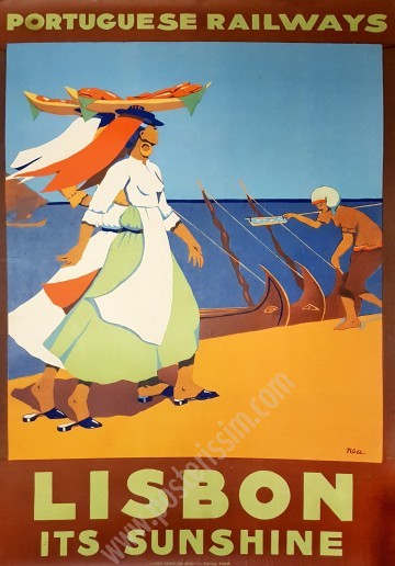 Affiche ancienne de voyage illustrée par Neu en 1925 pour les chemins de fer portugais, Lisbon, it's sunshine-posterissim