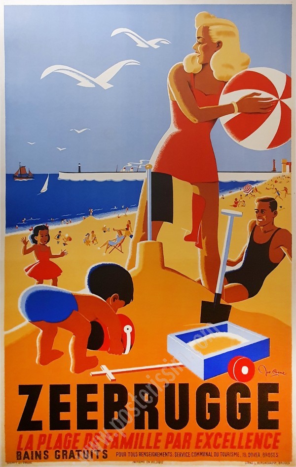 Affiche ancienne de tourisme, Zeebrugge la plage des familles-posterissim