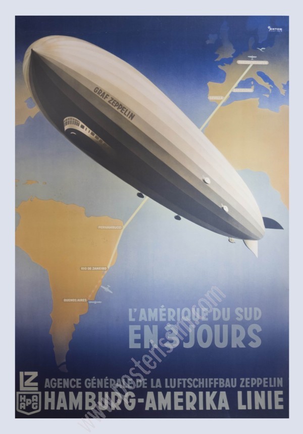 Affiche originale L'Amérique du Sud en trois jours Hamburg Amerika Linie Luftschiffbau Zeppelin-posterissim